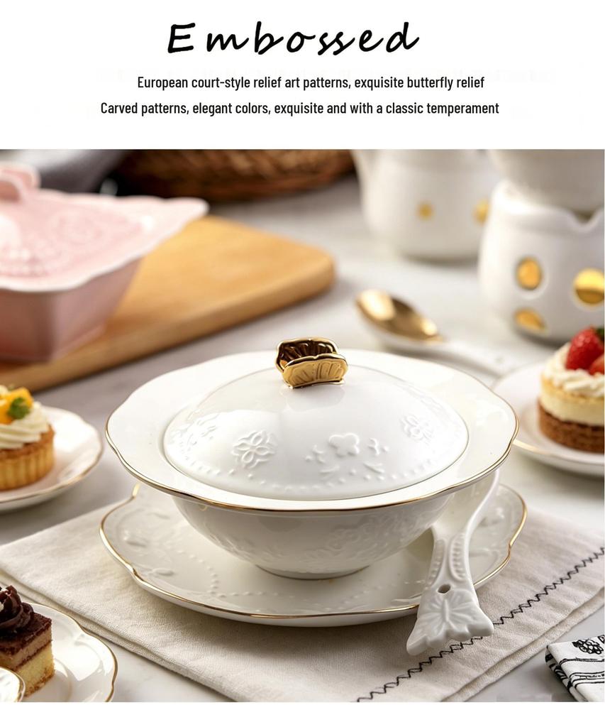 European Gold Rim Ceramic Bird's Nest Dessert Bowl with Lid | Embossed Palace Tureen Set for Sweet Soup