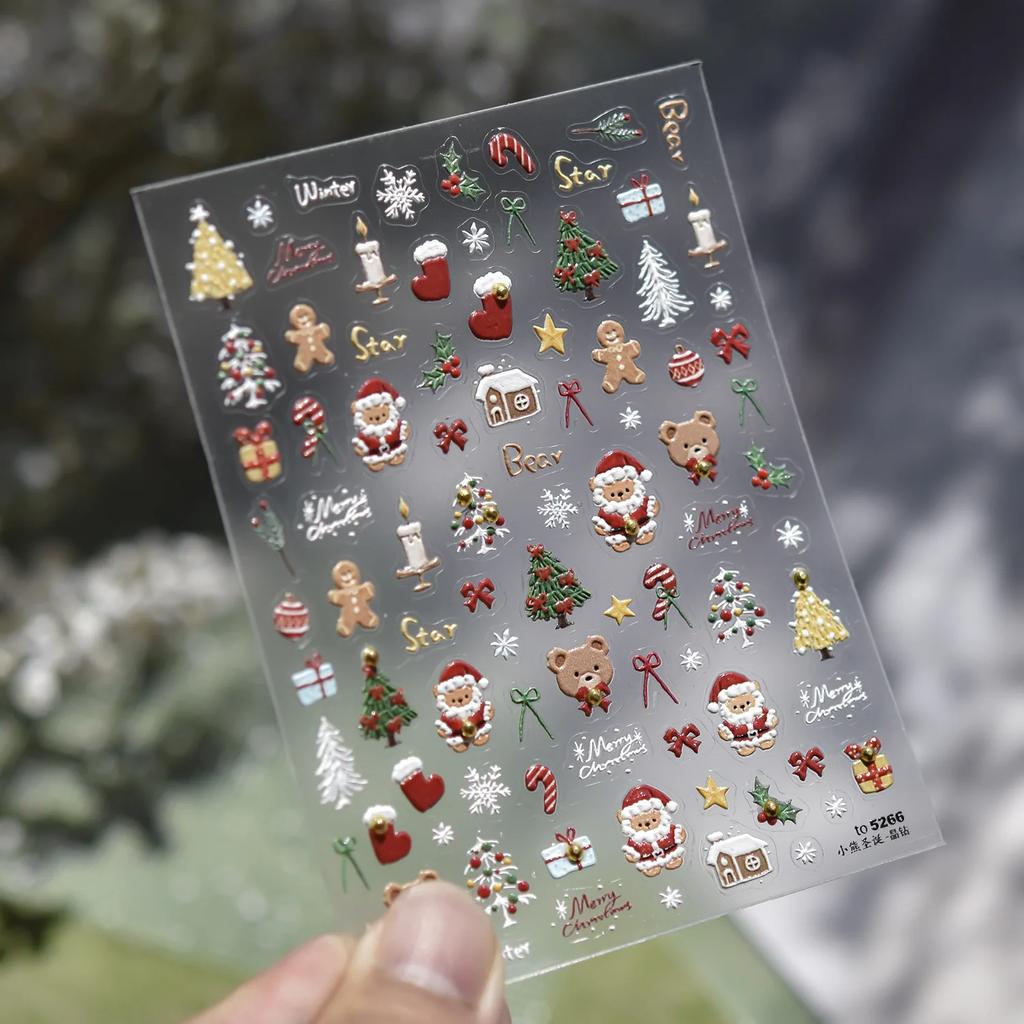 Christmas Nail Stickers Luxury Crystal Diamond Cartoon Bear Tree Apple Back Glue Nail Art Stickers DIY New 3D Nails Decorations