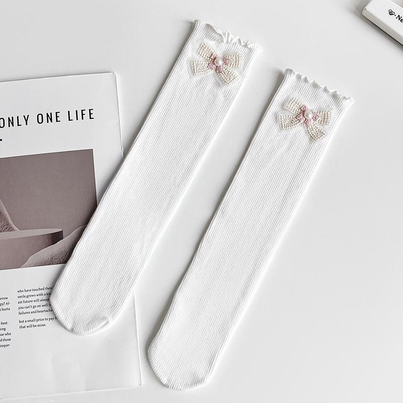 Children's Socks Girls' Solid Medium Long Socks Baby Cotton Comfortable Knee-high Socks With Bows And Lace Trim