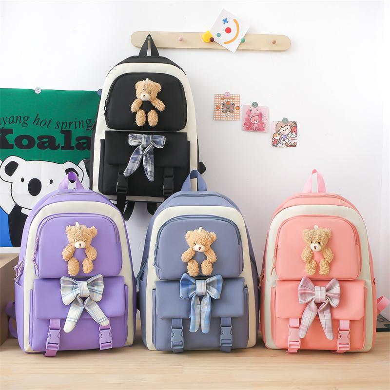 Schoolbag Student Backpack Four-piece Set Female Cute Bear Japanese Campus School Bag Large Capacity Set Transfer Backpack Portable