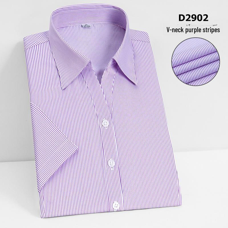 Camisa Social Feminina Slim Fit de Manga Curta - Branca com Listras Azuis, Sem Ferro, Gola V.
