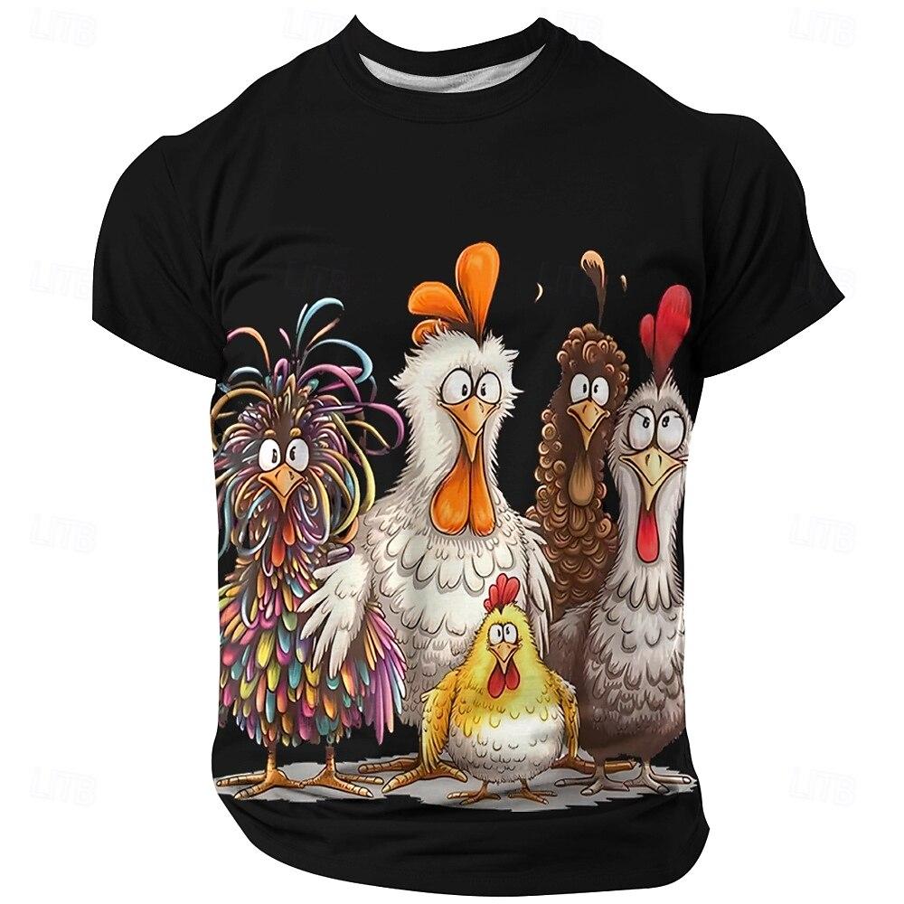 Men's T-Shirt Cartoon Chicken Print Summer Short Sleeve Tops O-Neck Pullover Outdoor Casual Clothing