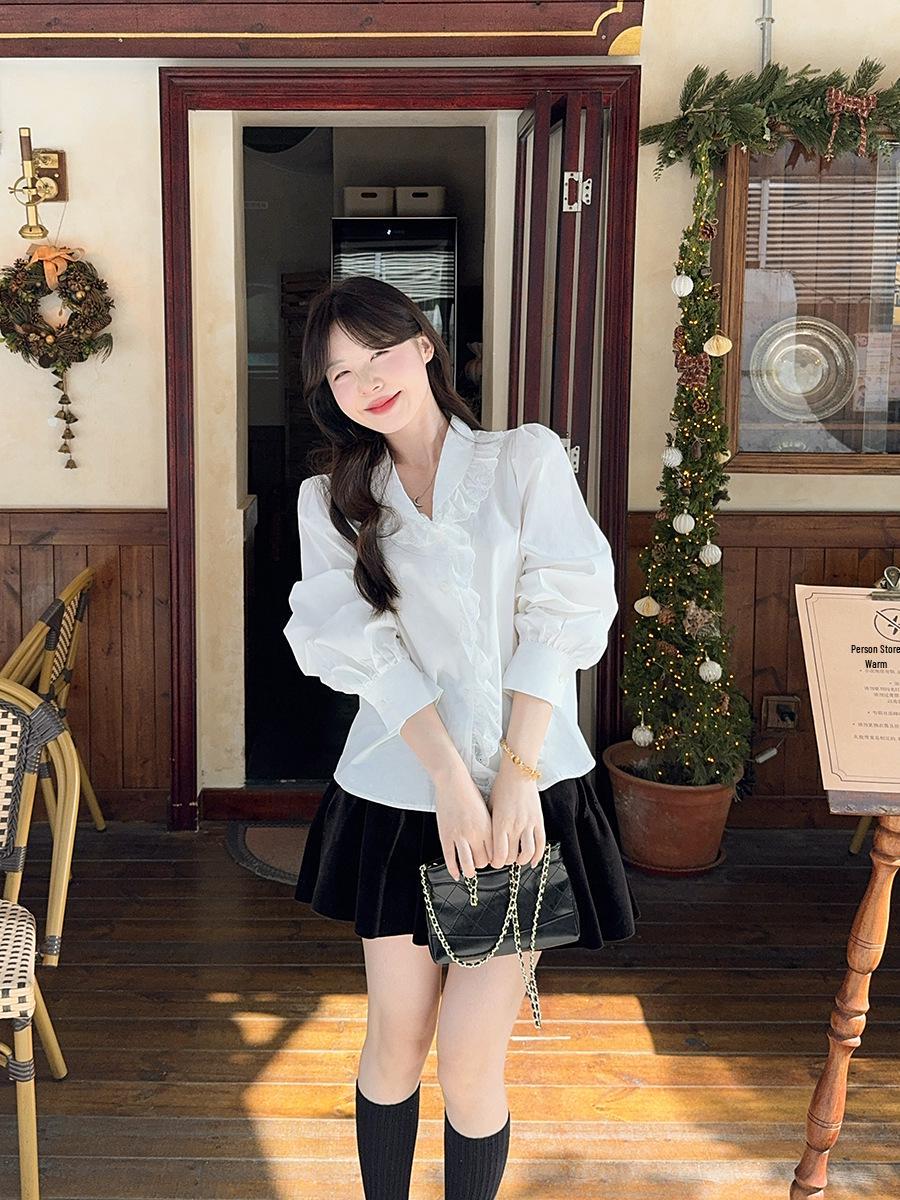 Plus Size Women s Fresh Doll Collar Lace Patchwork Long Sleeve Shirt L