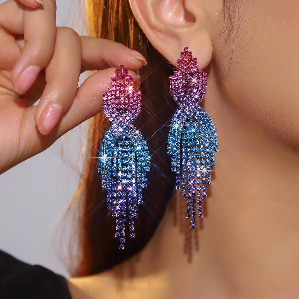 Luxurious European-American Rhinestone Rhombus Bridal Drop Earrings