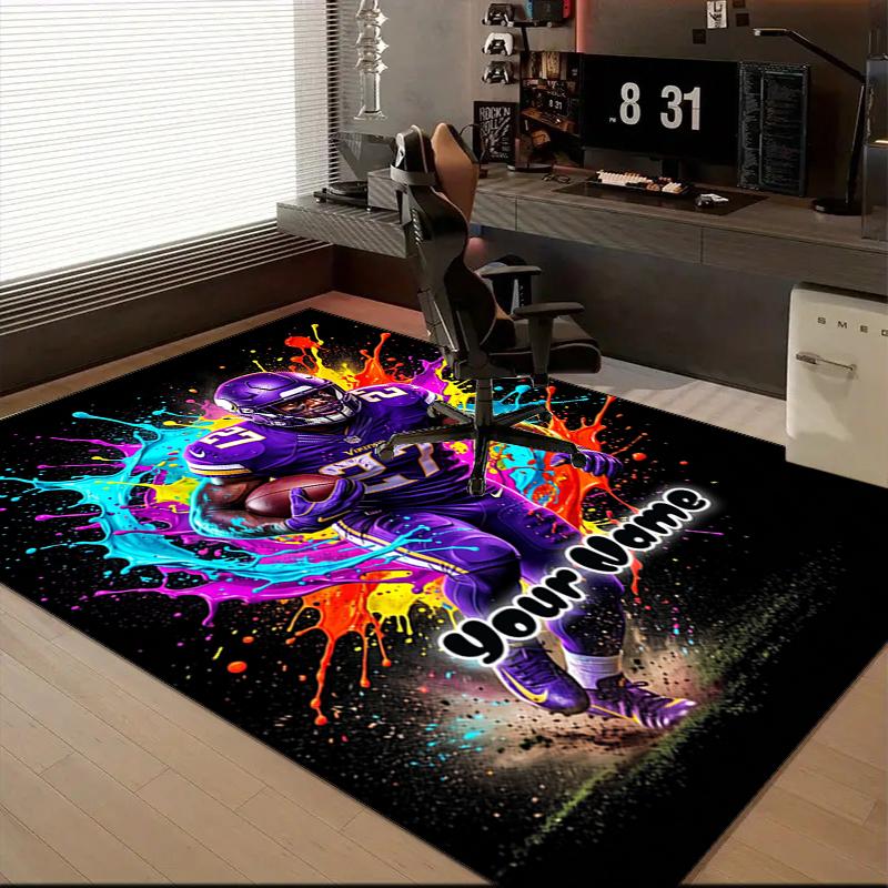 1PC Custom Name Dynamic Football Player In Action Theme Floor Mat Ideal for Living Room, Game Rooms, Office, Bedroom,Floor Mat Playful Design