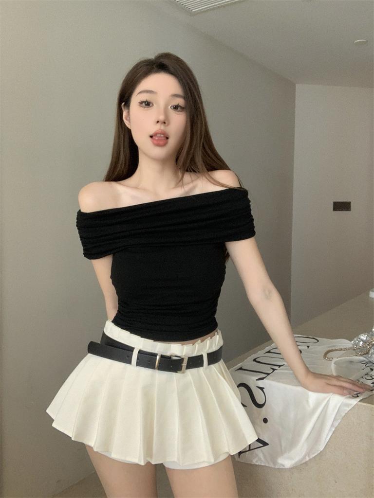 (Modal Cotton) Sweet and Spicy One-word Collar Off-the-shoulder T-shirt New Thin and Versatile Short Top