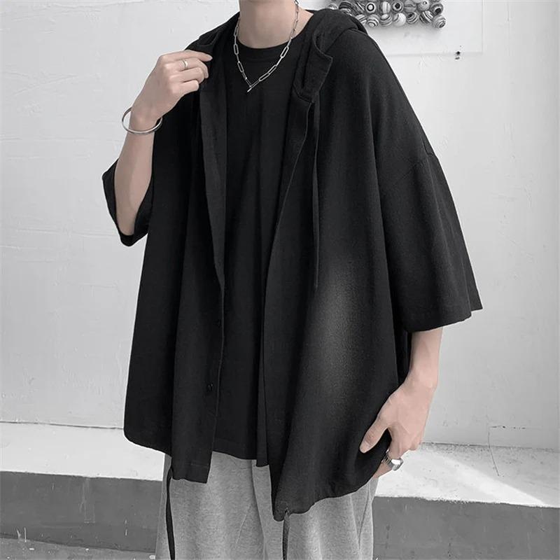 Camicia Oversize Vintage Stile Giapponese Estiva Uomo Casual Larga con Cappuccio Blusa All-Match Moda Streetwear Abbigliamento