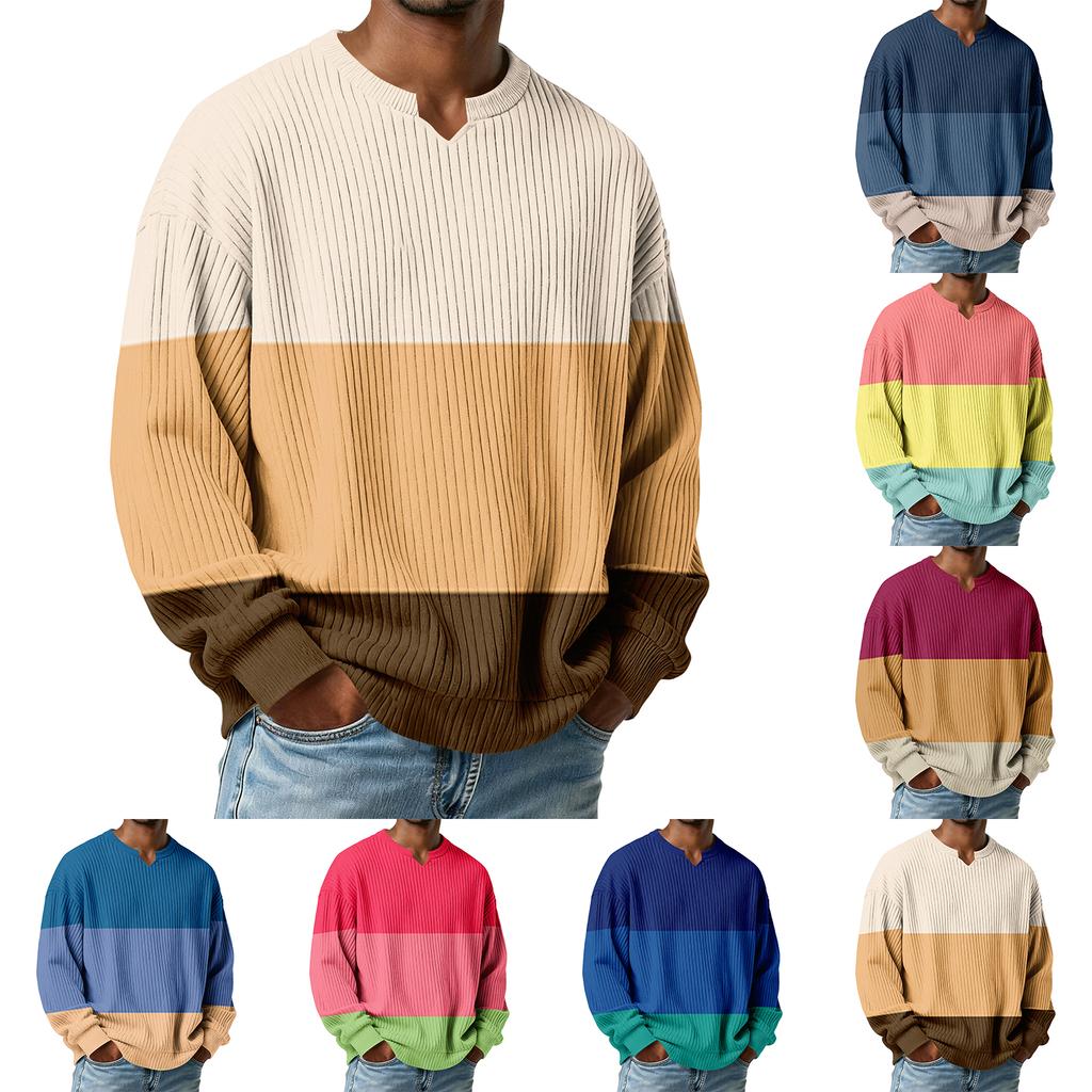 Men's Color-Blocked Stylish V-Neck Ribbed Textured Long-Sleeve T-Shirt