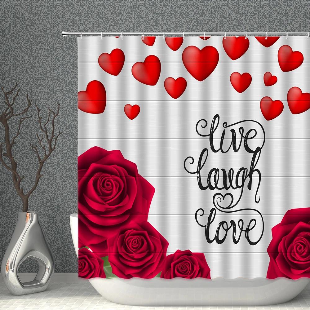 Love Shower Curtain Romantic Lover Rose Flower Piano Balloon Petal Bicycle Print Pattern Washable Household Decoration With Hook