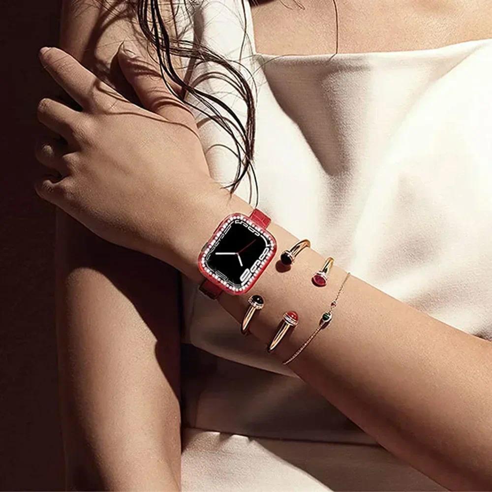 Cover For Apple Watch Case 44mm 45mm 41mm 40mm 38 42mm Bling Diamond bumper+Screen Protector Glass Iwatch Series 9 8 7 5 6 4 SE