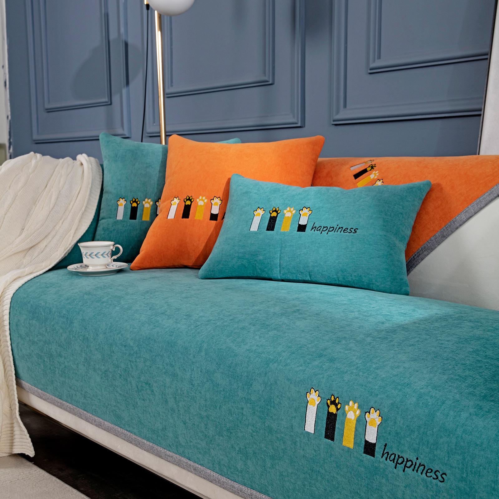 

Чехол для дивана с милой мультяшной вышивкой в ​​виде кошачьей лапы, мягкий синельный диван-полотенце, четырехсезонные универсальные чехлы, противоскользящие чехлы для диванов 70*70cm темно-синий