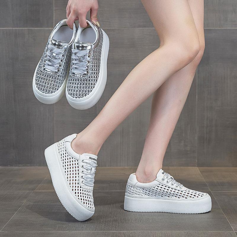 Thick-soled woven little white shoes women's summer new ultra-light height-increasing versatile hollow mesh casual shoes