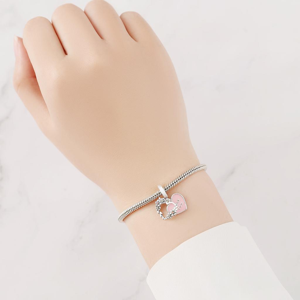 Real Copper Pink Heart-Shaped Flower Pendant Beads Fit Original Bracelet For Women Jewelry Gifts Accessory