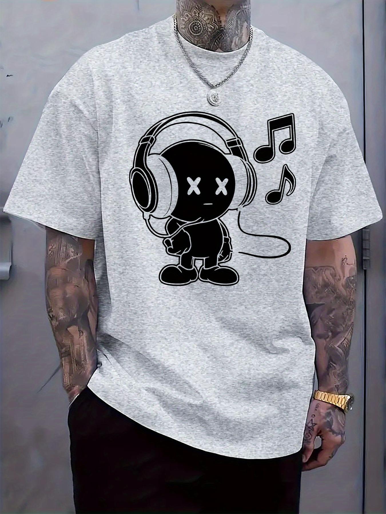 Casual Crew Neck T-shirt with Cartoon Music Player Print S