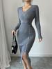 Women's Knitted Elegant Wrap Dress High Waist Bodycon Midi V-neck Long Sleeve Autumn Winter Dresses