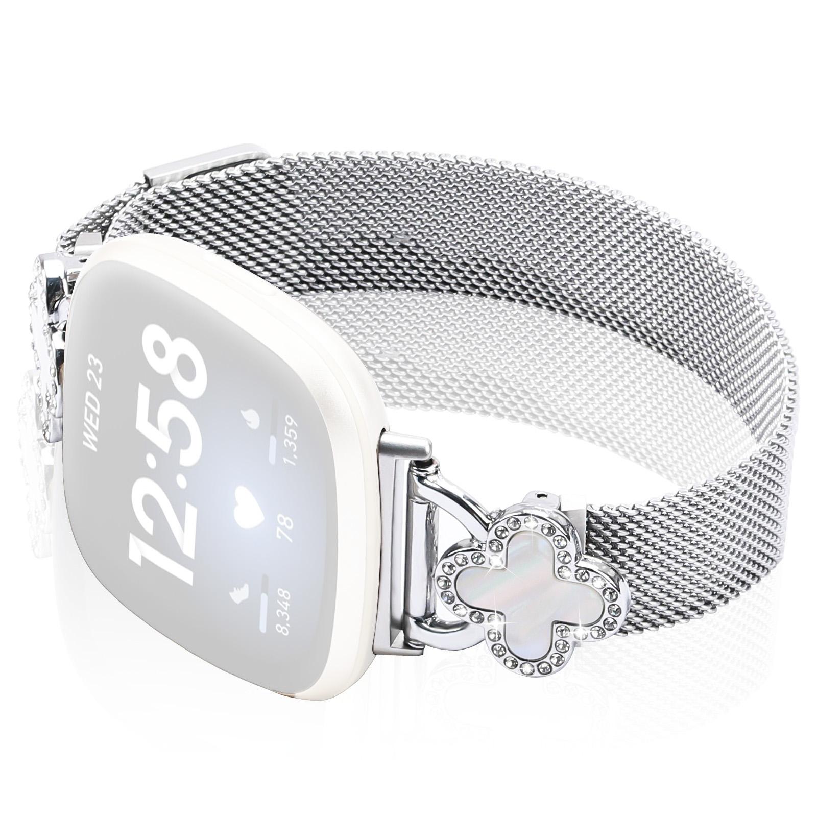 

Для Fitbit Versa 3/Sense Миланский сетчатый ремешок из нержавеющей стали с магнитным замком и разъемом в виде клевера, размер: S Silver