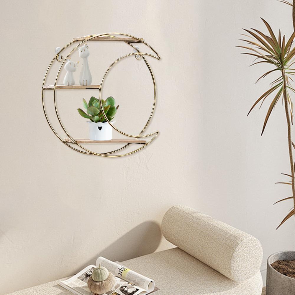 3-Tier Moon Floating Shelf Gold Metal 3-Tier Shelf Floating Wall Mounted Shelf Living Room Display