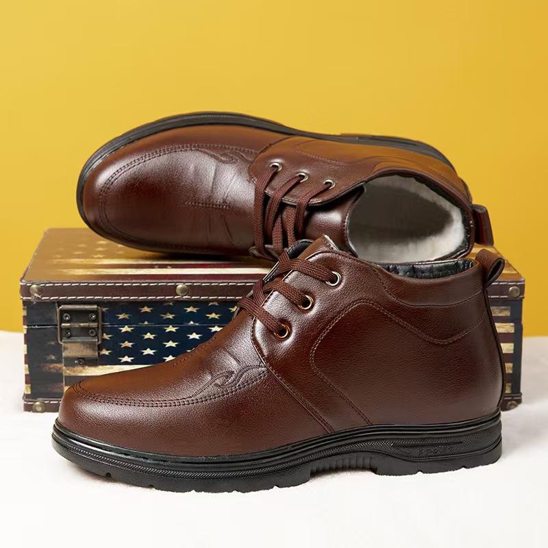 Nový zimní styl Pánské boty z pravé kůže, vlny a bavlny, vysoké, teplé, plus sametové sněhule, pohodlné ležérní boty