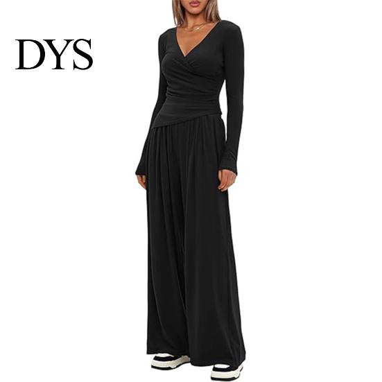 Stilvoller lockerer Damenanzug Damen 2-teiliges Loungewear-Set V-Ausschnitt Langarm-Oberteil Einfaches einfarbiges Outfit Und Weitbeinige Hosen Set Frühling Herbst Freizeit