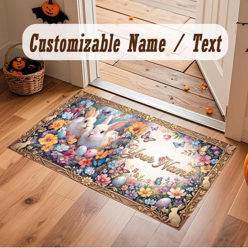 Floral Garden Theme Crystal Velvet Floor Rug Personalized Custom Name Text Warm Carpet Home Decoration