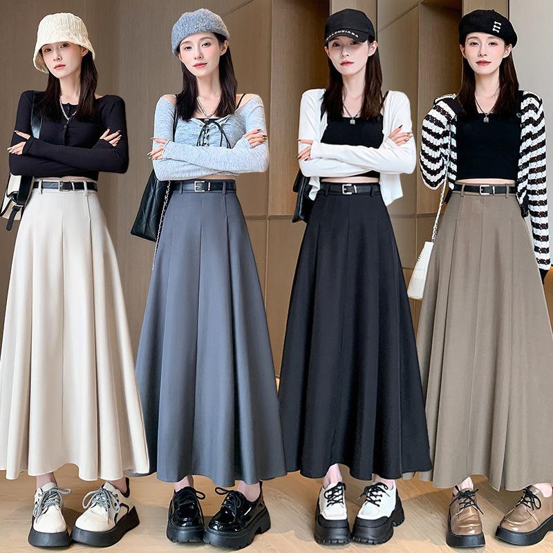 

Elegant High-Waist Pleated Midi Skirt for Women - Belted A-Line, Slimming, Suitable for Spring & Autumn Small