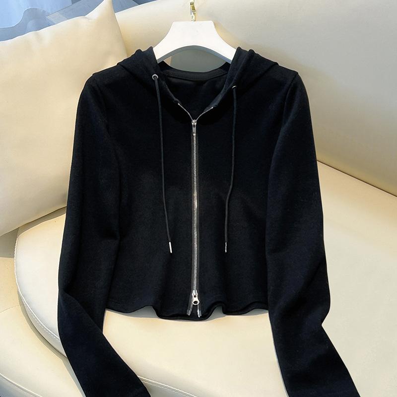 Apricot Hooded Sweatshirt for Women In Autumn and Winter Double Zipper Cardigan Jacket Latest Everyday Short Top