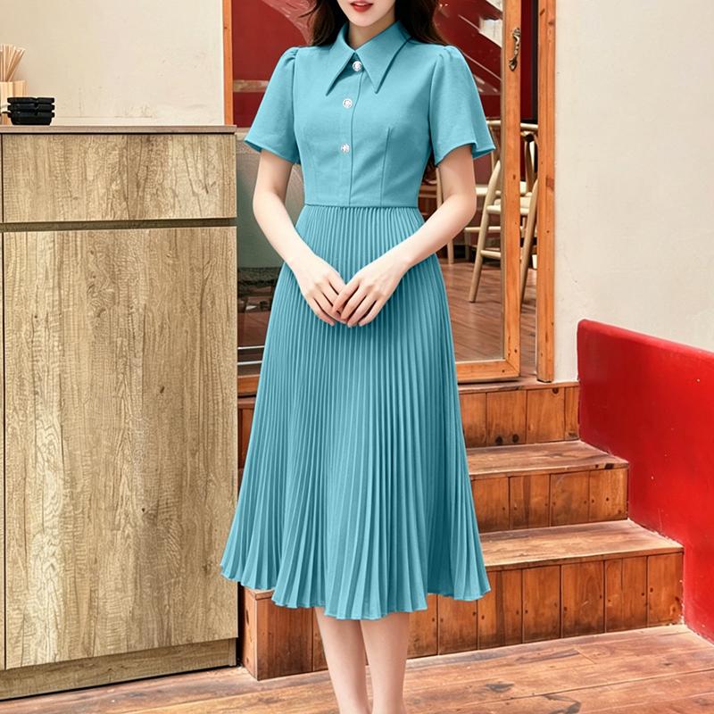 ZANZEA Women Casual Turn Down Collar Short Sleeve Elegant Pleated Dress M синий