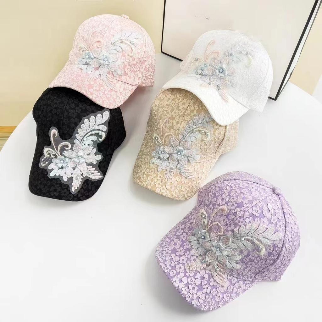 Compressed Pleated Bubble Small Floral Baseball Cap for Women Lace Beads Flowers Sun Protection Hat Sun Protection Breathable Baseball Cap
