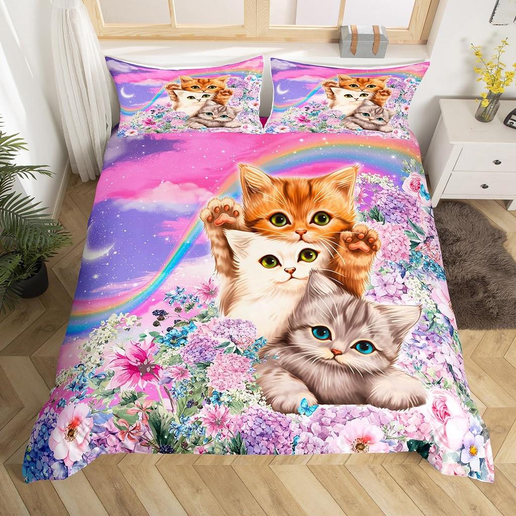 Rainbow Cat Duvet Covers For Kids Teens Girls Queen Lightweight Bedspread Cover Room Decor Kawaii Rainbow Ombre Cats Bedding Set