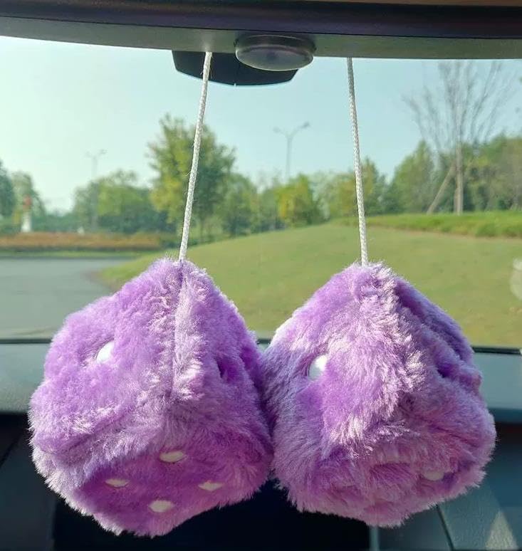 Speed Mao Cute Fluffy Dice Plush Toy for Rearview and More Car, Mirror, (Light Purple)