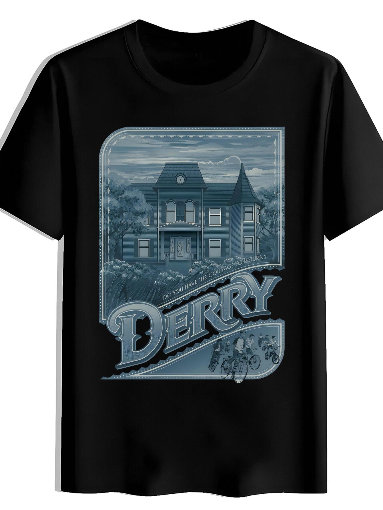 T-shirt Welcome to Derry Graphic - Black Retro Horror Movie Tee with Derry Text - Lightweight Shirt for Halloween S