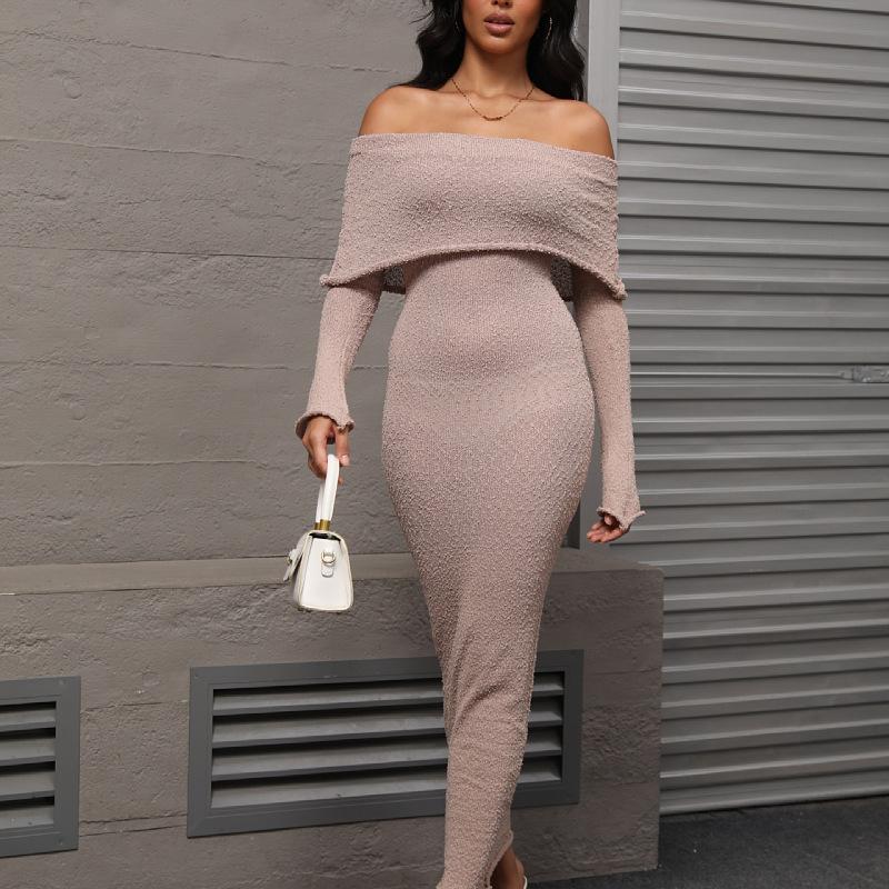 Rochie Maxi de Plajă pentru Femei, Mânecă Lungă, Tricotată, Decolteu Bardot
