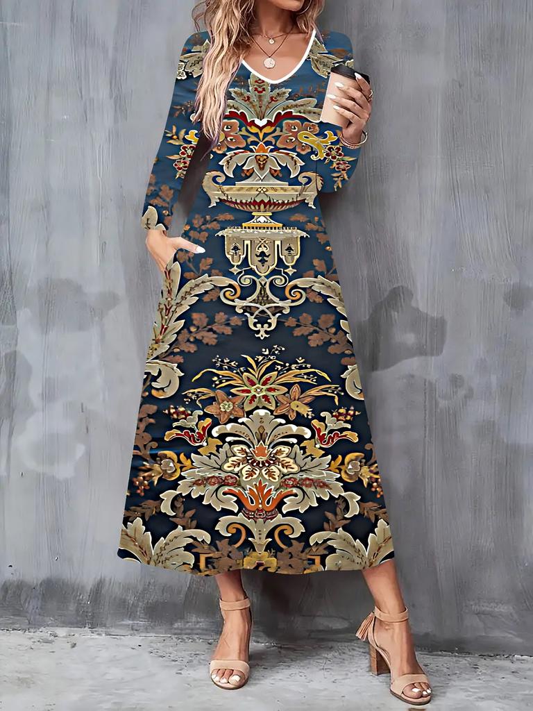 2025 Autumn and Winter New Women Casual Fashion Dress 3D Retro Totem Print Long Sleeve V-Neck A-Line Dresses