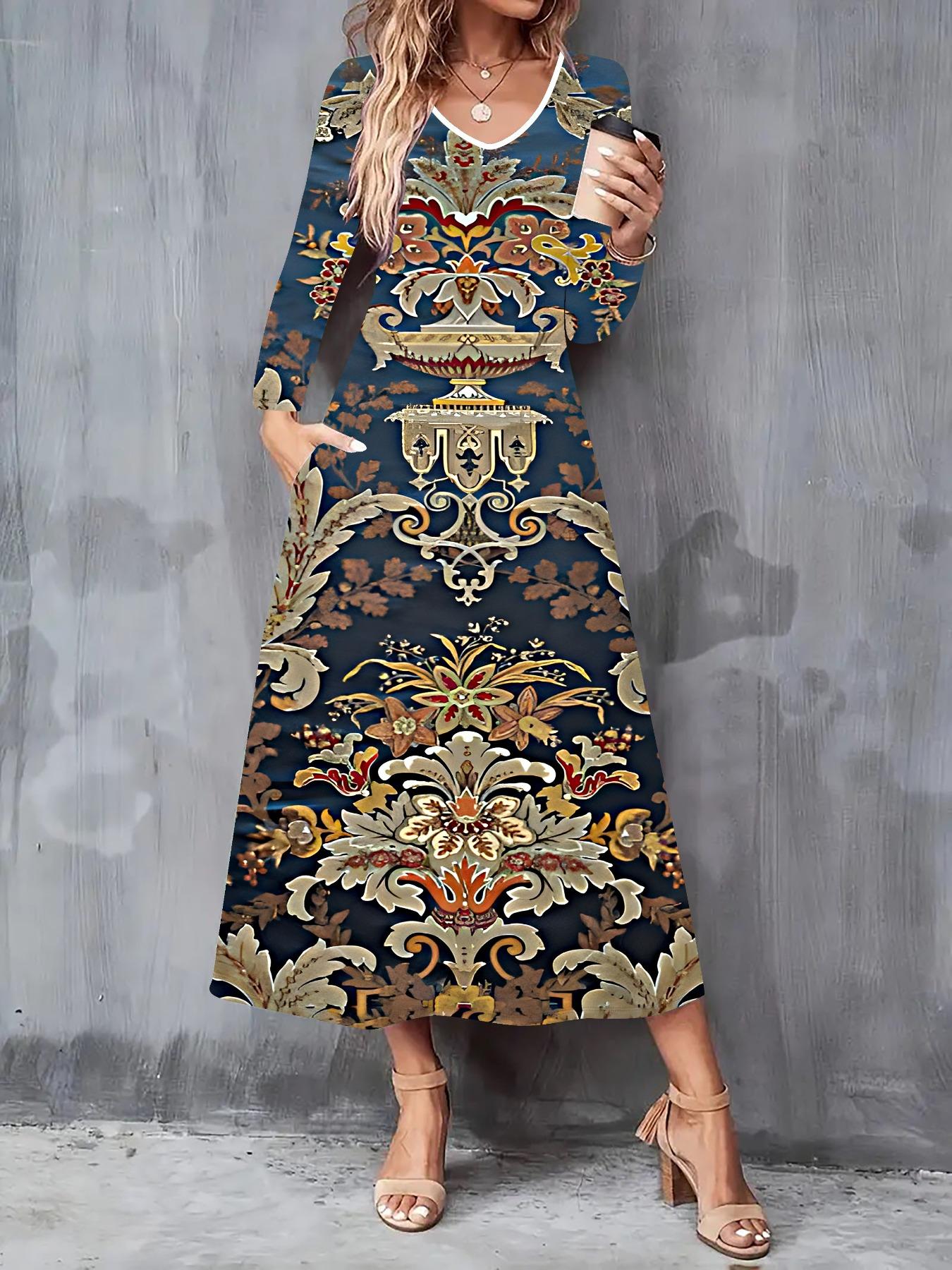 

2025 Autumn and Winter New Women Casual Fashion Dress 3D Retro Totem Print Long Sleeve V-Neck A-Line Dresses XXL темно-синього кольору