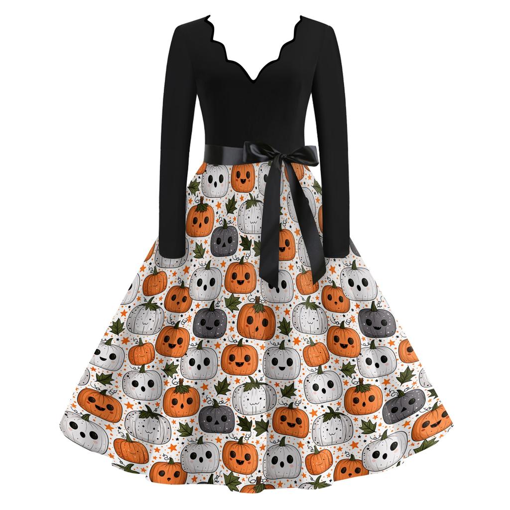 Women's V-Neck Long Sleeve Retro Dress with Halloween Print for Casual Daily Wear