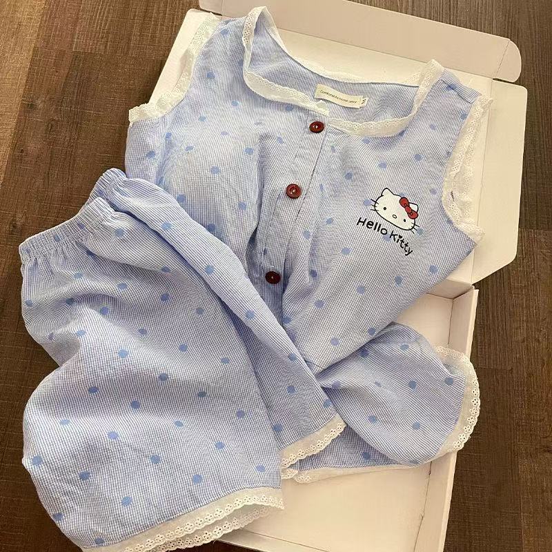 

Polka dot kitty cat lace with chest pad pajamas women s summer new casual cute home suit M