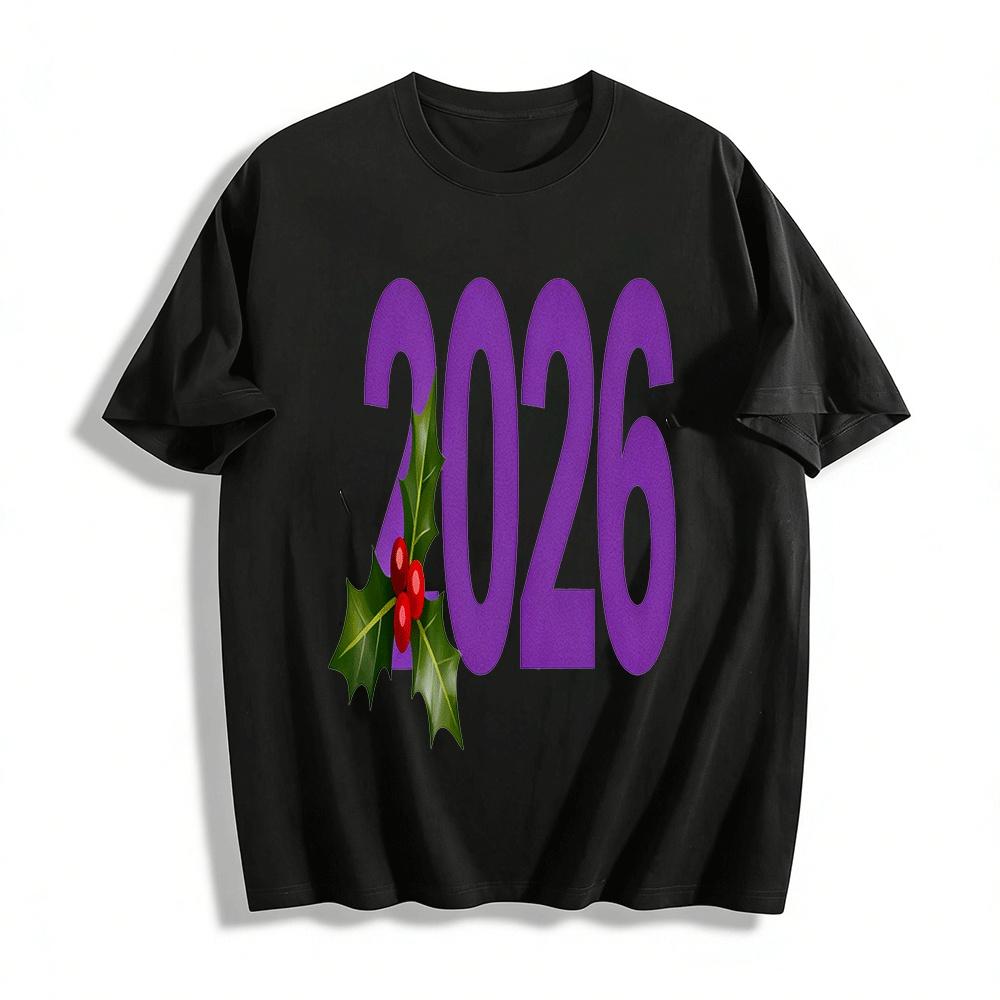 

2026 New Year Holly Print Casual Top For Men And Women Pure cotton T-shirt XXS
