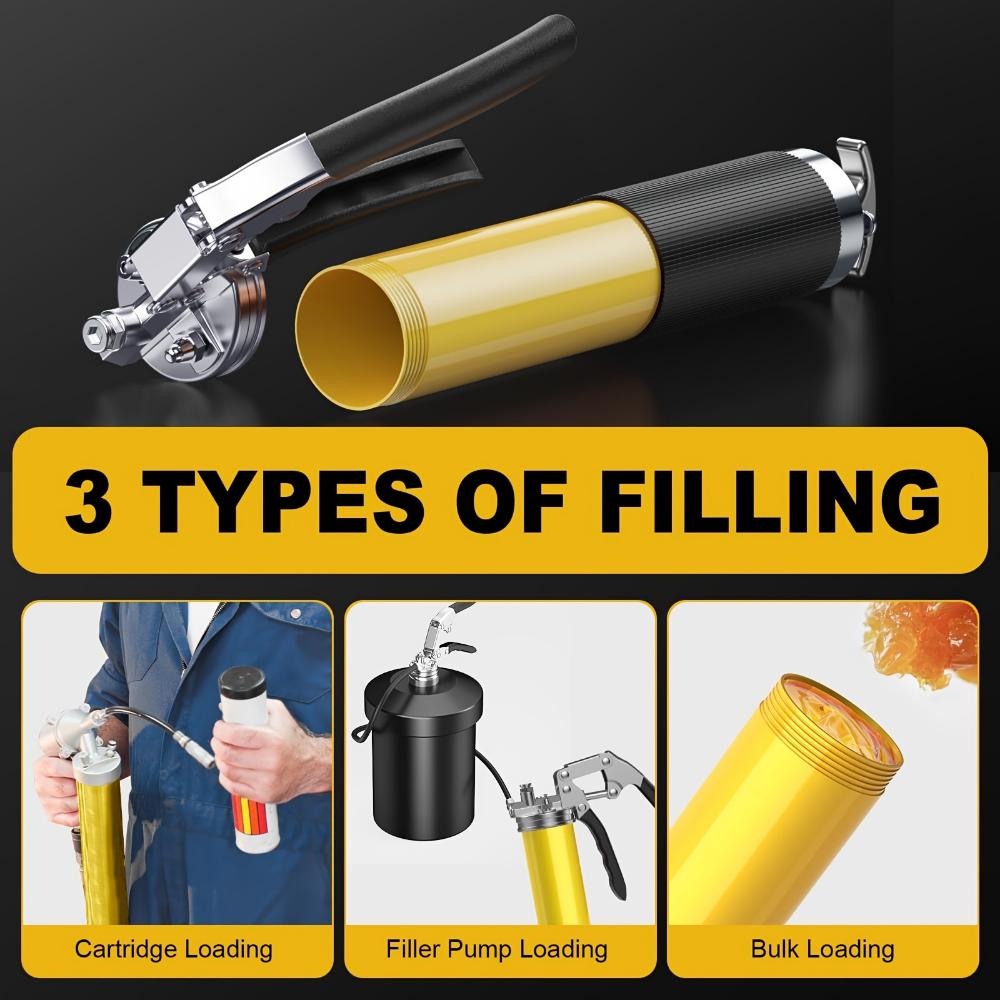 Hochleistungs-Fettpressen-Set, 8.000 PSI, 14 oz Edelstahlzylinder, 18 Schlauch, 2 Anschlüsse, 2 verlängerte starre Rohre, stilvolle Düse