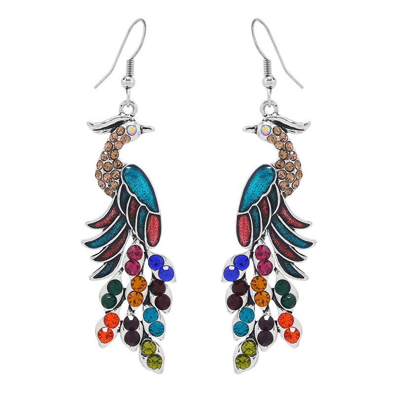 New Chinese retro ethnic style peacock painted earrings exquisite diamond-encrusted long fringed earrings high-end earrings women