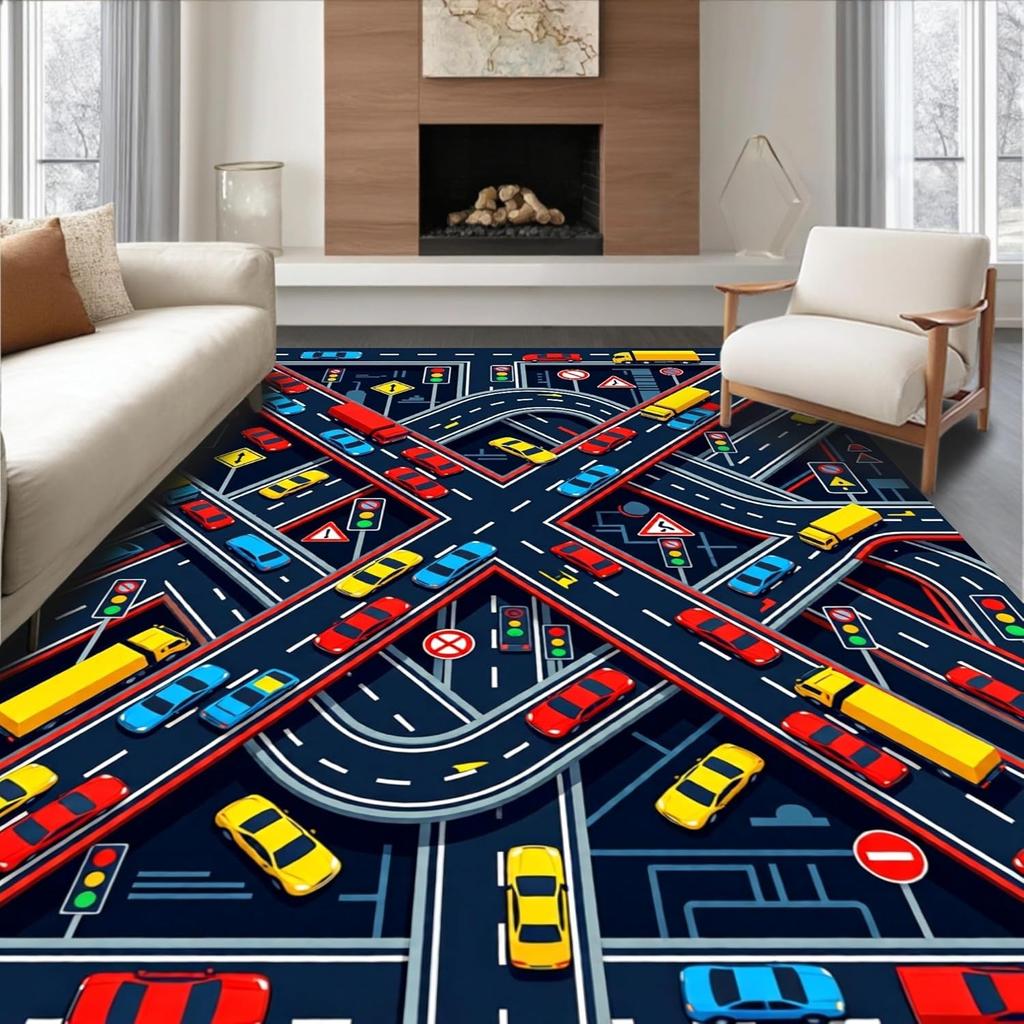 Kids Fun Traffic Road Map Area Rug Cartoon City Intersection Cars Traffic Lights Play Mat Non-Slip Floor Carpet for Playroom