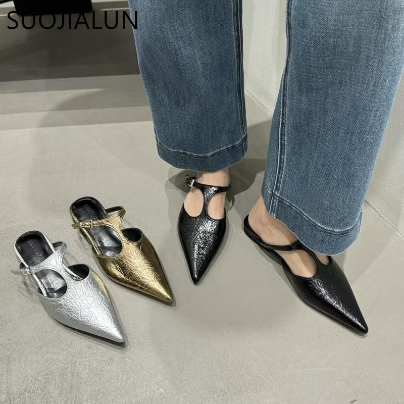 Fashion SUOJIALUN 2025 Summer New Brand Women Slipper Fashion Pointed Toe Ladies Elegant Muled Soft Flat Heel Outdoor Dress Sandal Slide