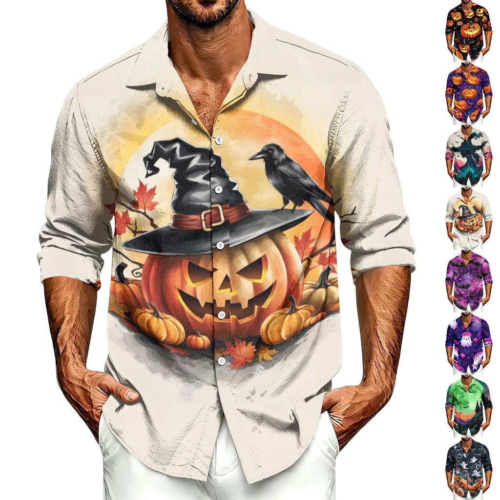 Men's Casual Long-Sleeve Shirt with Halloween Print for Spring ,Summer and Fall