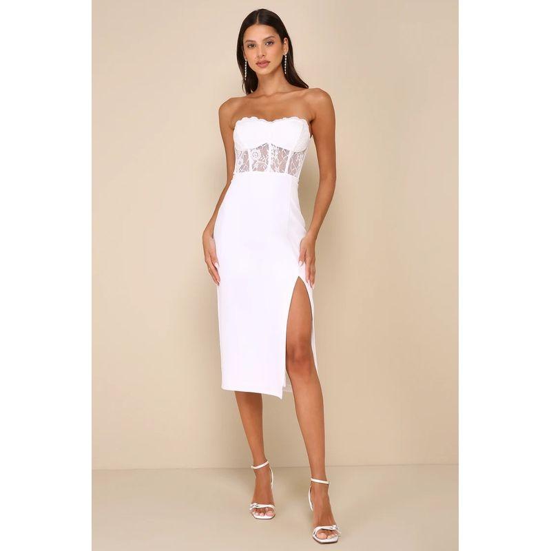 

Export Single Lu Home Chest Wrap Elegant Silm Slim Looking Lace See-through Fashion Sexy and Personalized Versatile Split Dress White L