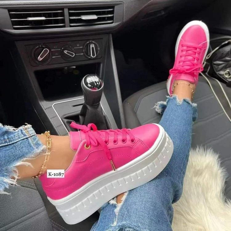 Frauen Leder Plateauschuhe Mode Einfarbig Blockabsatz Sneakers Casual Flache Sportschuhe Designer Schuhe Zapatillas Mujer
