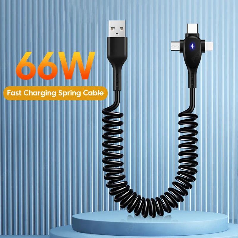 

3 in 1 66W 6A Fast Charging USB Type C Cable Micro USB Spring Car Charger For iPhone Xiaomi Samsung Phone Charger Cord 1.8m чорний