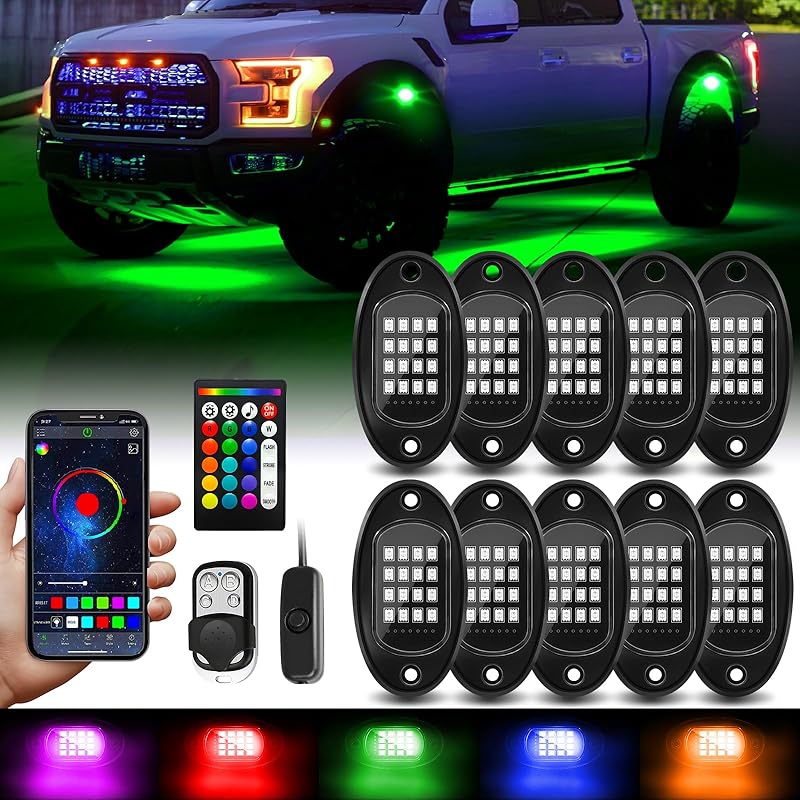 8 Pods RGB LED Rock Lights with APP/RF Remote Control High Brights Waterproof Underglow Multicolor Zone Neon Exterior Rock Lights for 12V Trucks Jeep