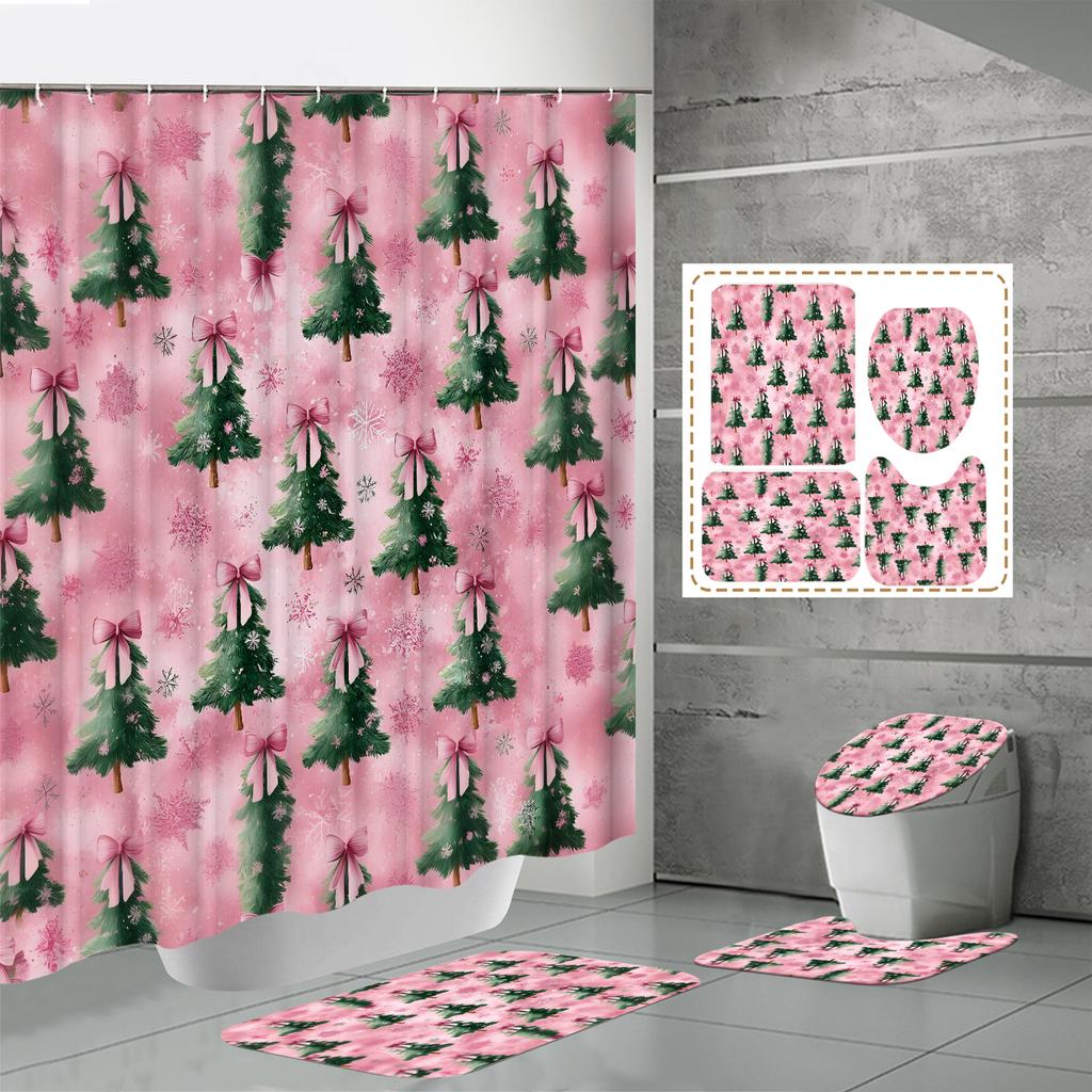 4PCS  Shower Curtain Sets With Shower Curtain And Rugs Toilet Lid Rug U Shape Mat And Bath Mat Bathroom Set  With 12 Hooks