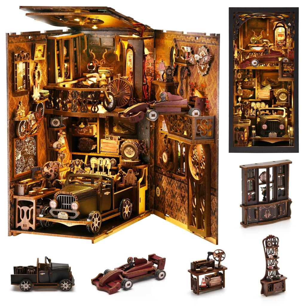 CRESYMME Book Nook Dollhouse Leeds Miniature House Log House Kit, Wooden 3D Puzzle, Handmade for Adults, with LED Lights (Automobile Museum)