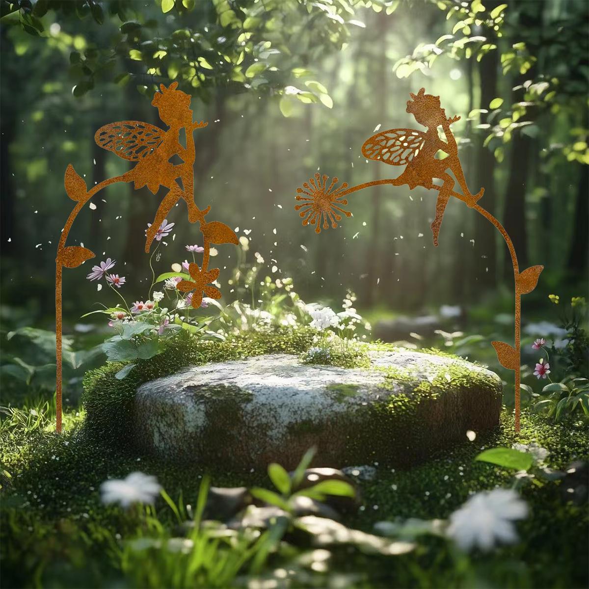 

2Pc Iron Fairy Garden Decoration with Bright Floral Design, Perfect for Terrace, Courtyard, Lawn and Holiday Celebration Activities, Garden