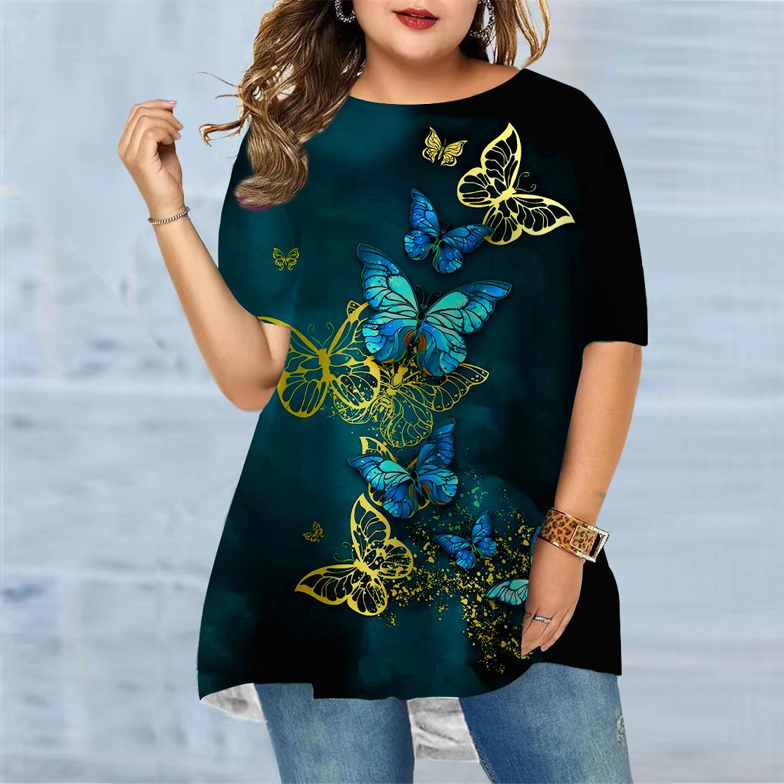 

Женская летняя ажурная футболка с принтом бабочки больших размеров, удобная футболка с короткими рукавами и круглым вырезом, повседневная мешковатая футболка средней длины 8XL синий